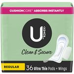 U by Kotex Clean & Secure Ultra Thin with Wings Pads for women (Previously 'Security'), Regular Absorbency, 36 Count (Packaging May Vary)