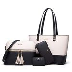 Women Fashion Synthetic Leather Handbags Tote Bag Shoulder Bag Top Handle Satchel Purse Set 4pcs, Black, Beige, Large