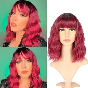 VCKOVCKO Ombre Color Natural Wavy Bob Wig With Air Bangs Short Bob Wigs Women's Shoulder Length Wigs Black to Pink Purple Curly Wavy Synthetic Cosplay for Girl Colorful Wigs(12",Black to WineRed)