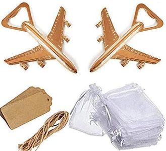 Amajoy - Confezione da 25 apribottiglie a forma di aeroplano con sacchetto in carta kraft bianca per bomboniere, bomboniere per matrimonio, baby shower, regali di ritorno a tema