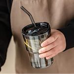 KiKiluxxa Glass Mug Sipper Tumbler with Lid and Glass Straw Cup 435ml Black Pack of 1 - Milk Fruit Juice Glass Mug for Kids - Travel Tumbler for Green Tea and Coffee Glass with Lid