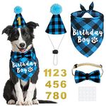 JOTFA Dog Birthday Party Supplies, Plaid Dog Birthday Boy Bandanas with Dog Birthday Party Hat Bow Tie Birthday Number for Small Medium Large Dogs Pets (Light Blue, Bandana & Hat & Bow Tie & Number)