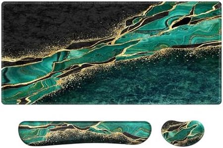 Anyshock Large Mouse Pad for Desk Set, Computer Desk Mat, Ergonomic Mouse Pad with Wrist Rest, Keyboard Pad, Memory Foam Desk Pad, Gaming Mousepad for Home Office Desktop, Green Gold Marble