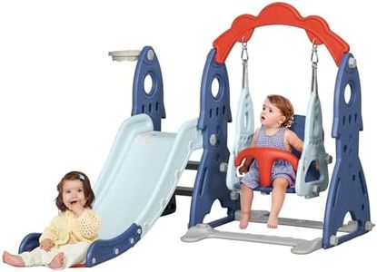 AIYAPLAY Juego de Tobogán y Columpio para Niños de 1-3 Años Parque Infantil para Exterior e Interior 3 en 1 con Columpio Tobogán y Aro de Baloncesto Multicolor