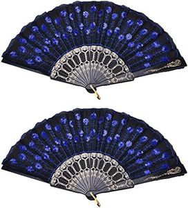 Winture Peacock Hand Fans, Spanish Folding Hand Fan, Flower Dancing Fans,Summer Handheld Folding Fans Party Favors for Girls Women (Royal Blue, 2 PCS)