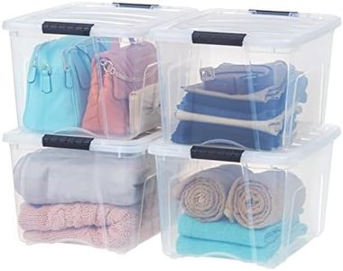 IRIS USA 40 Qt Stackable Plastic Storage Bins with Lids, 4 Pack - BPA-Free, Made in USA - See-Through Organizing Solution, Latches, Durable Nestable Containers, Secure Pull Handle - Clear