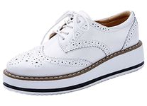 DADAWEN Women's Platform Lace-Up Wingtips Square Toe Oxfords Shoe White 7.5 US