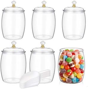 mwellewm 6pc Candy Jar with Lids and Spoons Clear Plastic Cookie Container Airtight Apothecary Storage Organization for Buffet Wedding Home Bar Decoration Festive Display and Everyday Use(64oz)
