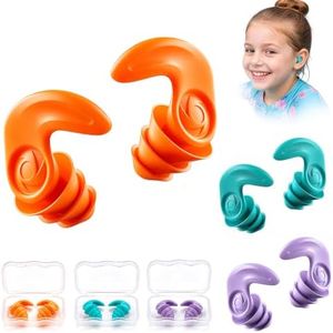 Kids Swimming Ear Plugs,3 Pairs Waterproof Silicone Ear Plugs for Swimming Kids Ages 6-14,Reusable Soft Swim Ear Plugs with Noise Reduction for Pool,Shower,Surfing and Travel(Kids-Orange,Purple,Green)