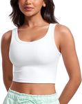 CRZ YOGA Womens Ribbed Longline Sports Bra - U Neck Padded Yoga Bra Workout Crop Tank Top with Built in Bra White Large