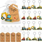 24 Set Cute Construction Keychains Birthday Party Favors Baby Shower Decorations with Thanks Tags and Organza Bags for Boy Girl Birthday Supplies, Truck Tractor keychains for kids Goodie Bag Present