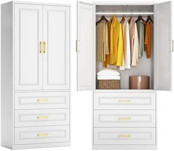 Kubohogar Metal Armoire Wardrobe Closet with Hanging Rod, 71" Tall Wardrobe Cabinet with Doors and 3 Drawers, Clothing Storage Cabinets for Bedroom