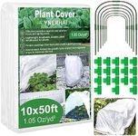 YNERHAI Plant Covers Freeze Protection Kit with 6 Pcs Garden Hoops & Clips, 10 ft x 50 ft Garden Frost Cloth Plant Covers for Winter Protection, Floating Row Cover Frost Blankets (1.05 Oz/yd²)