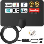 TV Aerial - Digital TV Aerial Indoor 250+ Miles Long Range - Amplified HD TV Antenna Indoor for Freeview TV Support 4K 1080P Local Channels with Booster & 16.4 ft Coax Cable