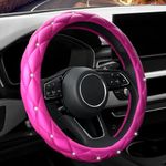 YOGURTCK Cute Diamond Soft Leather Anti-Slip Steering Wheel Cover with Bling Bling Crystal Rhinestones, Universal 15 Inch for Women Girls, Fit Vehicles, Sedans, SUVs, Vans, Trucks - Hot Pink (BT-26)