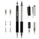 Elzo 3 in 1 Precision Stylus Pen Universal Capacitive Combo 2 Packs with 4 Replaceable Disc and 2 Fiber Tips for Tablet iPad Samsung Galaxy Microsoft Surface iPhone LG and More (Black & Silver)