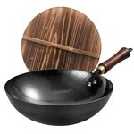 UMETRE Carbon Steel Wok Pan, 13.5″Woks & Stir-Fry Pans with Wooden Lid Cookwares, Nonstick Wok, No Chemical Coated Hand Hammered Chinese Wok For Gas