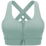 CLOUSPO Women Sports Running Post Surgery Yoga Zip Front Bra High Support Impact Crop Top Padded Cross Back (M, Green)