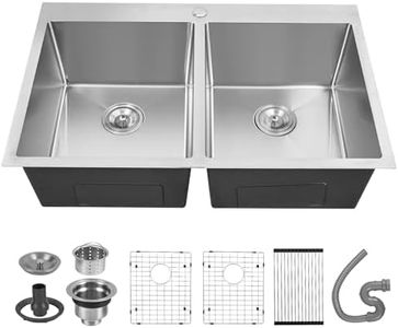 33 inch Double Bowl Kitchen Sink, 50/50 T-304 Stainless Steel Undermount Double Basin Workstation Sink, 16 Gauge Farmhouse Tank, Drop-in Wash Dish Groove with Strainers and Accessories, 33"x22"x9"