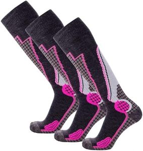 Pure Athlete High Performance Wool Ski Socks - Thermal Warm Merino Wool OTC Sock, Men Women (3 Pairs - Black/Grey/Neon Pink, Small)