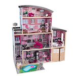 KidKraft Sparkle Mansion Wooden Dolls House with Furniture and Accessories Included, 3 Storey Play Set with Cat, Lift, Garage and Pool for 30 cm/12 Inch Dolls, Kids' Toys, 65826