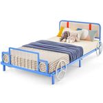 GYMAX Single Kids Bed, Children Platform Bed with Upholstered Headboard & Footboard, Toddler Bed Frame for Girls Boys(Blue Train Shape，203 x 98 x 68cm)