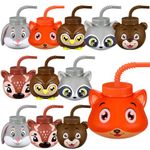 Hoolerry Woodland Animal Cups with Lids and Straws Plastic Kids Cups 10 oz Owl Bunny Fox Elk Raccoon Brown Bear Party Favor Cups for Gender Reveal Baby Shower Woodland Party Supplies(12 Sets)