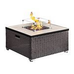 Teamson Home Outdoor Garden Rattan Propane Gas Fire Pit Table Burner, Smokeless Firepit, Patio Furniture Heater with Lid, Screen, Lava Rocks & Cover