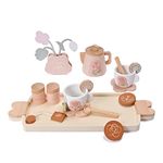 Donmills Wooden Kids Tea Set Toy, Wooden Toys, Pretend Play Food Kitchen Accessories, Afternoon Tea Set for Toddler, Children Tea Party Set with Dessert Tray Teapot Gifts for Girls Boy aged 3+