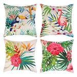 JuneJour Set of 4 Tropical Cushion Covers Outdoor Furniture Decorative Linen Square Single-Sided Printing Pillow Cover Tropical Flower Plant for Home Office Sofa Couch Car Garden 45 x 45cm