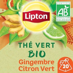 Lipton | Thé Vert Bio | Infusion à Froid ou Chaud | Goût Gingembre & Citron Vert | Bien Etre | 12x20 Sachets | 240 Sachets Individuels