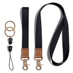 NCOALE Black Lanyard Set, Lanyards for Neck Leather Phone Wrist Strap with Metal Key Rings for Car Keys ID Badges Card Holder Wallet