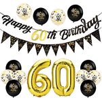 Afirbeone 60th Birthday Decorations Set, Including Black Gold Happy 60th Birthday Banner, Triangle Flag Banner, Confetti Latex Balloons and Aluminum Foil Balloons, for Birthday Party Decoration