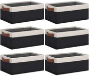 TxvzgHome Small Fabric Storage Bins for Shelves 6 Pack | Collapsible Closet Storage Bins with Leather Handles | 11.8x7.87x5.1in Rectangular Storage Baskets for Shelves (White&Black)