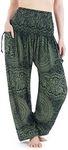 Lannaclothesdesign Harem Pants Women High Waist Bohemian Yoga Pants with Pockets - Boho Hippie Clothes, Green Double Rose, XX-Large