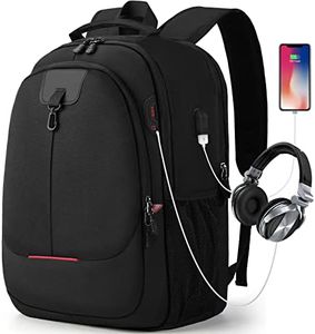 17inch Travel Laptop Backpack, Large Waterproof Backpack with USB Charging Port and Headphone Hole for Men and Women, Carry On Luggage Backpack for Business College Hiking Camping, Black