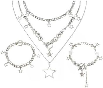 2 Pieces Silver Star Necklace Y2K Jewelry Set Grunge Necklace Kawaii Cute Necklaces Aesthetic Vintage Emo Jewelry, Medium, Metal, Rhinestone