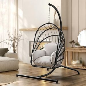 YITAHOME Wicker Swing Egg Chair with Cushions 350lbs, Foldable Hanging Basket Chair W/Stand Rattan Hammock Chair for Outdoor, Indoor, Patio, Bedroom - Grey