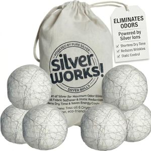 SilverWorks! Wool Dryer Balls Laundry Reusable - Odor Eliminating Dryer Laundry Balls with Silver Technology - Natural Fabric Softener and Static Reducer, Reduce Drying Time and Energy Costs - 6 Pack