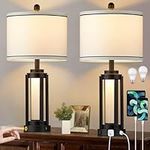 Modern Table Lamps Set of 2, Industrial Beside Lamps with USB A+C Charging Ports & AC Outlet, Nightstand Lamp with Glass Night Light for Living Room Bedroom End Table Decor White(4 Bulbs Included)