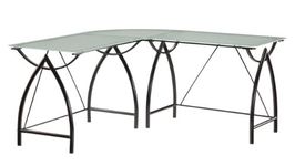 OSP Designs Office Star Newport L-Shaped Computer Desk with Frosted Tempered Glass Top and Black Powder Coated Steel Frame