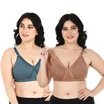 CINOON Full Support Minimizer Cotton Bra for Women, Everyday T-Shirt Pushup Heavy Breast | Bust Plus Size Bra (C, Green & Brown, 44)