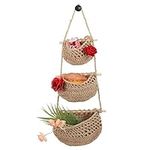 Hanging Fruit Basket, 3 Tier Boho Vegetable Fruit Baskets Jute Hand Woven Hanging Basket Storage Hanging Baskets for Organizing for Kitchen Decor, Living Room, Bathroom, Bedroom