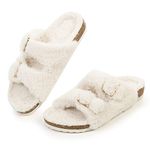 FITORY Womens Open Toe Slipper with Cozy Lining,Faux Rabbit Fur Cork Slide Sandals Beige Size 8