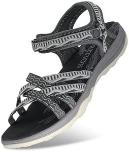 GRITION Sandali Sportivi da Donna, Sandali Estivi da Trekking da Spiaggia da Signora, Incrociati Scarpe Basse Moda Comode e Regolabili con Punta Aperta 38-Nero Grigio