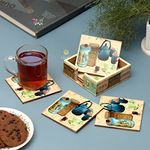 DULI Set of 6 MDF Wood Enamel Work Tea Coasters with Stand (10 * 10 cm) (Teakettle)