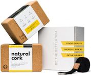 Cork Yoga Blocks 2 Pack – High Density Non Slip with Select Cork Grain for Chip-Resistant Durability | Extra Thick 4” for Support & Stability | Natural, Smooth, and Crumble Free | Body By Yoga (Classic, With Strap)