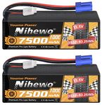 Nihewo 3S Lipo Battery, 2Packs RC Battery 11.1V 7500mAh 100C 3S Lipo Hard Case EC5 Connector Compatible with Arrma Axial Losi 1/8 1/10 RC Car Truck Truggy Vehicles Tank Boat Airplane Models