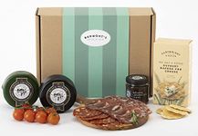 Snowdonia Cheese & Charcuterie Cured Meats Gift Hamper. Contains Black Bomber Cheddar, Green Thunder, Salami, Chorizo, Coppa Ham, Chutney & Wafers for Cheese. Hamper Exclusive to Burmont's