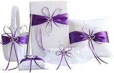 Awtlife 5pcs Sets Purple Wedding Flower Girl Basket Guest Book Pen with Ring Pillow and Garter